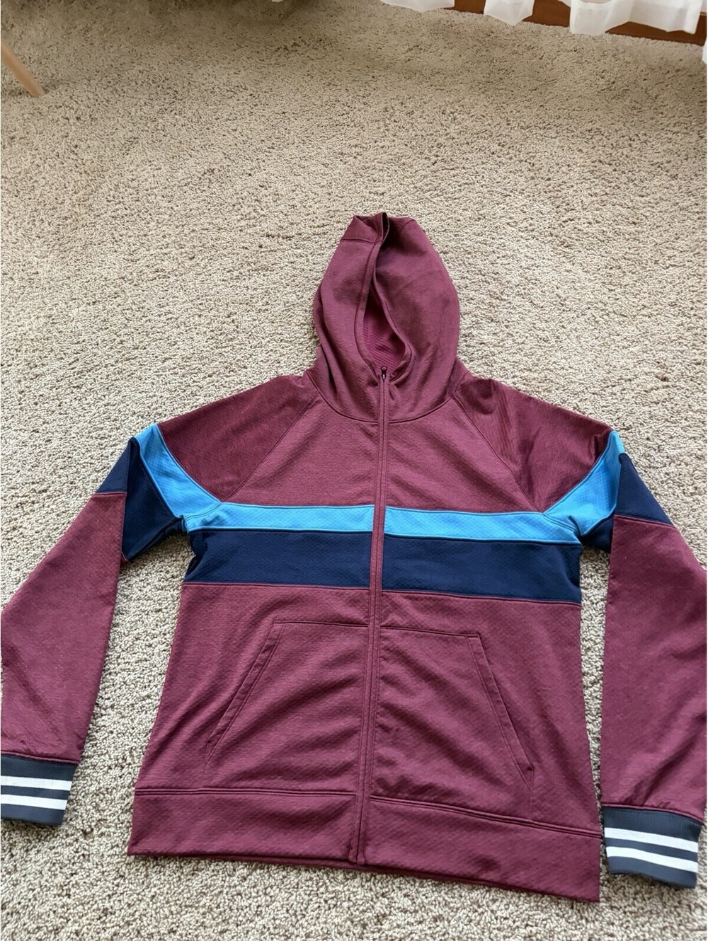 Women’s maroon Cotopaxi Bandera Full-Zip Hoodie blue navy stripes ribbed cuffs M